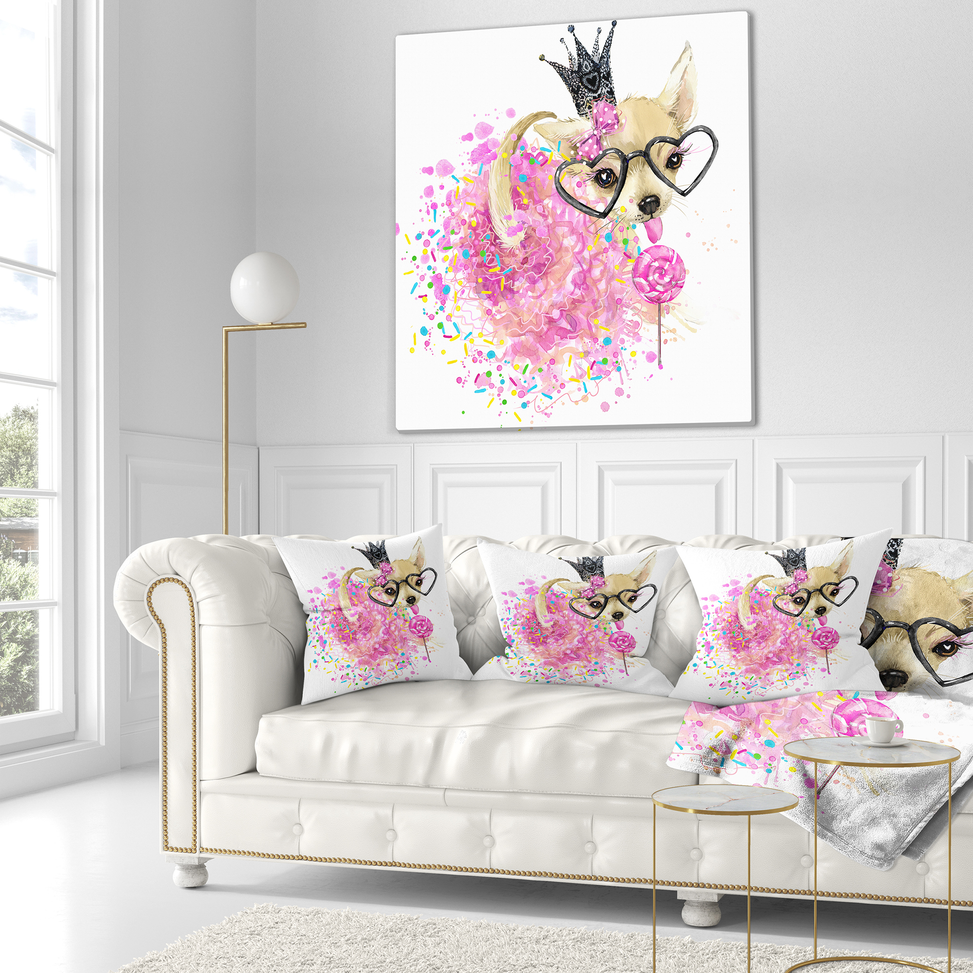 Designart Cute Dog with Crown and Glasses - Contemporary Animal Throw Pillow - 18x18