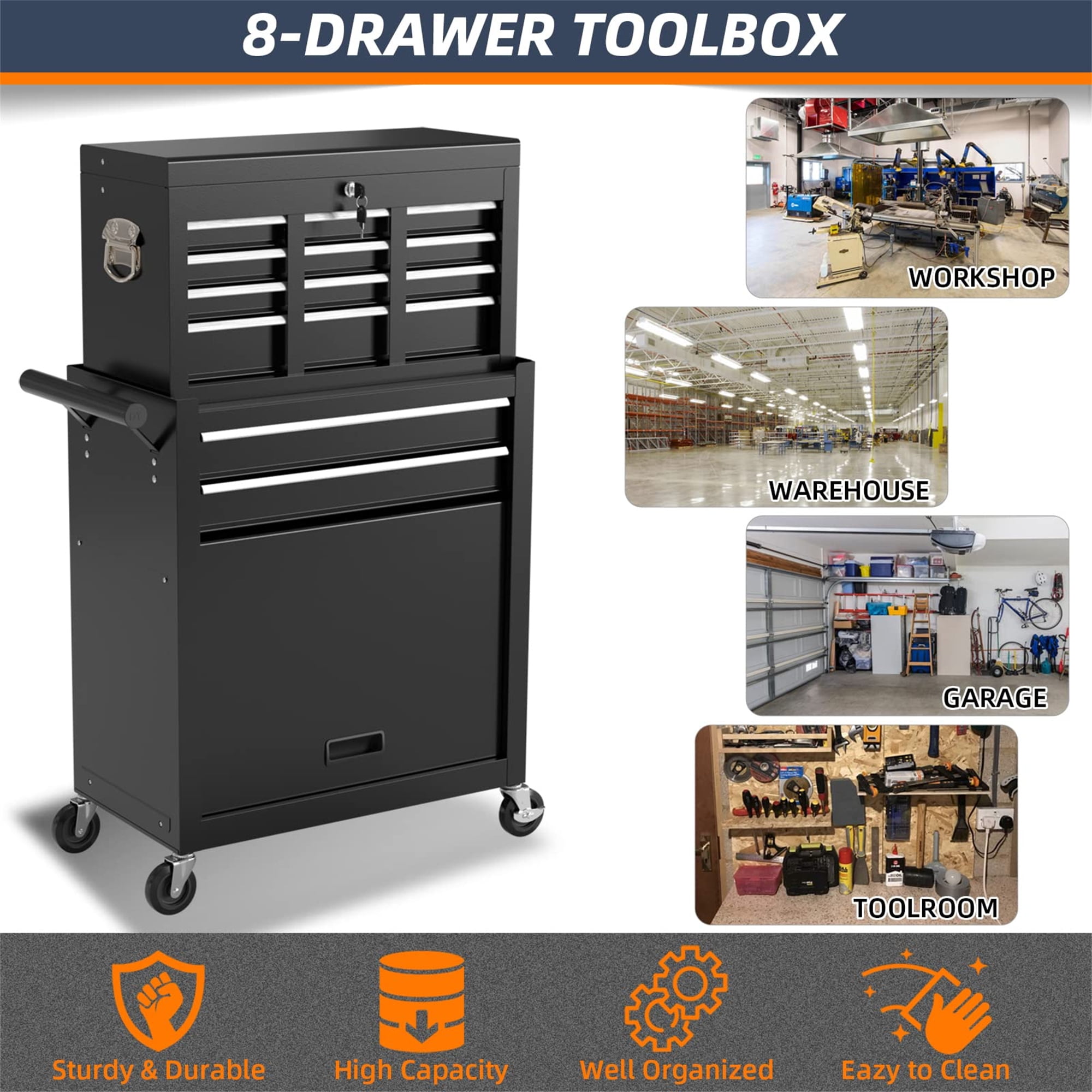 Aukfa Tool Box, 2 in 1 Steel Rolling Tool Chest & Cabinet On Wheels for Garage, 8-Drawer, Black