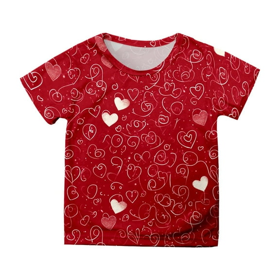 WOYY Girls Valentine's Day T Shirt Heart Print Short Sleeve T-Shirt Casual Children's Tee