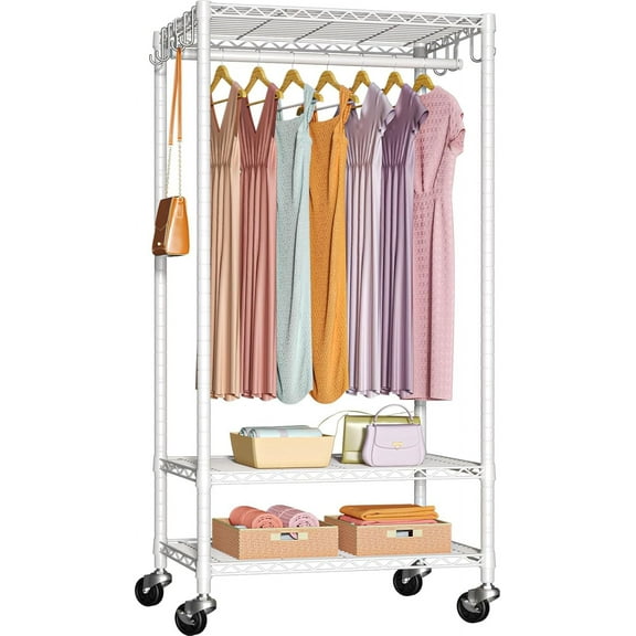 P6 Medium Rolling Clothes Rack Heavy Duty, Clothing Racks for Hanging Clothes, Freestanding Garment Rack with Wheels, Portable Closet Rack Max Load 370 LBS, 30''W x 14''D x 77.6''H, White
