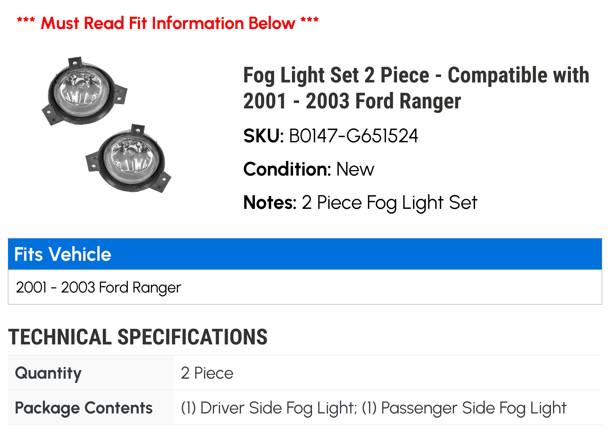 Fog Light Set 2 Piece - Compatible with 2001 - 2003 Ford Ranger 2002