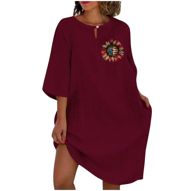 Vestido de Verano para Mujeres Color Sólido Imitación de Lino Cuello Redondo, Manga Corta Estilo Casual para el Uso Diario, Fiesta Y Primavera