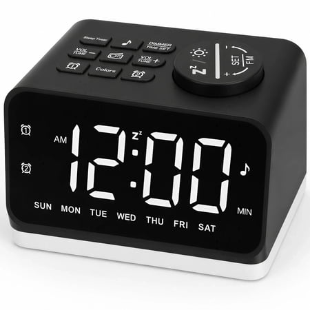 Digital Alarm Clock with FM Radio for Bedroom, 8 Colors Night Light with 2 Charging Port, Sleep Sound Machines with Timer, Dual Alarm, Loud Alarm and Easy to Use