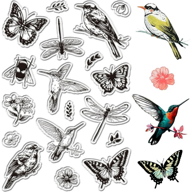 Sellos transparentes con pájaros realistas: mariposas, abejas, flores, libélulas, plantas, insectos voladores. Fondo vintage. Sello de silicona para sello postal.