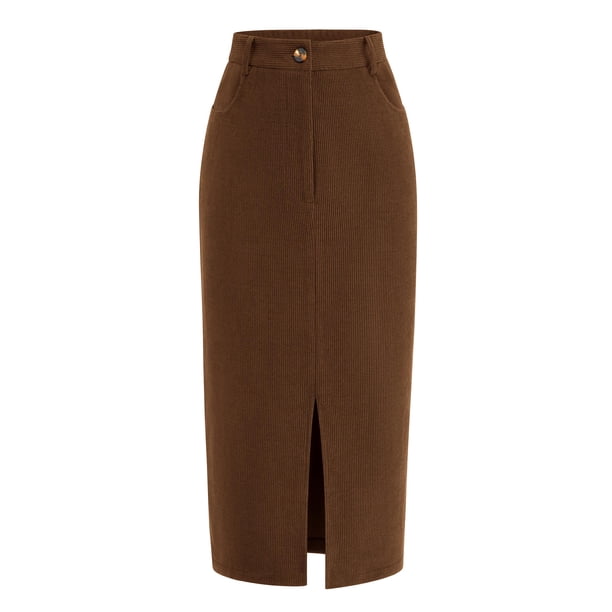 Falda PRETTYGARDEN de pana lápiz midi marrón de talle alto talla 6