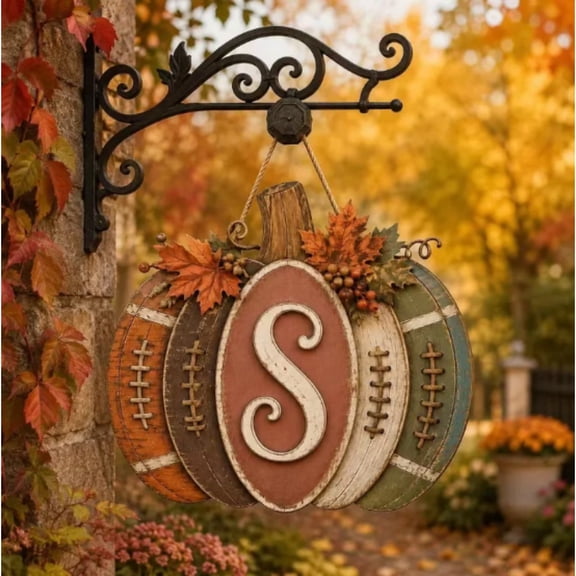 Rustic Layered Wood Fall Pumpkin Monogram Front Door Hanger, Vintage Farmhouse Autumn Maple Leaf Initial S Wall Decor for Harvest Season Thanksgiving Home Porch Decoration