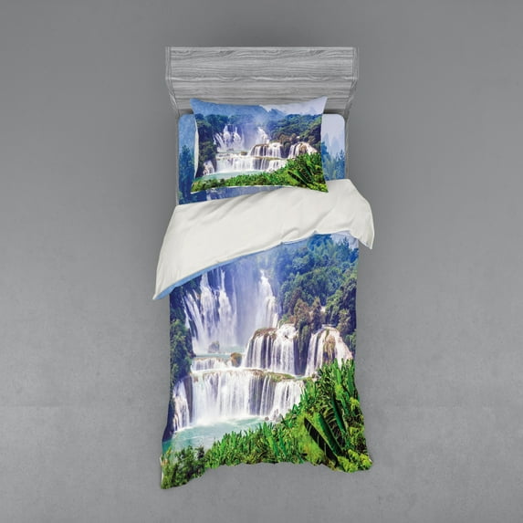 Nature Duvet Cover Set, Waterfall Exotic Tropical Leaves Natural Swimming Pool Water Picture, Bedding Set with Shams and Fitted Sheet, 3 Sizes, by Ambesonne