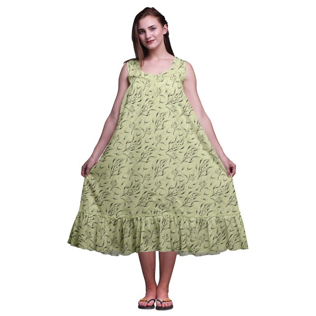 Bimba Beige Verdâtre3 Feuilles Bleuet Mi-Mollet Vêtement de Nuit Femme Coton Imprimé Sans Manches Robe de Nuit Maxi Taille Très Grande