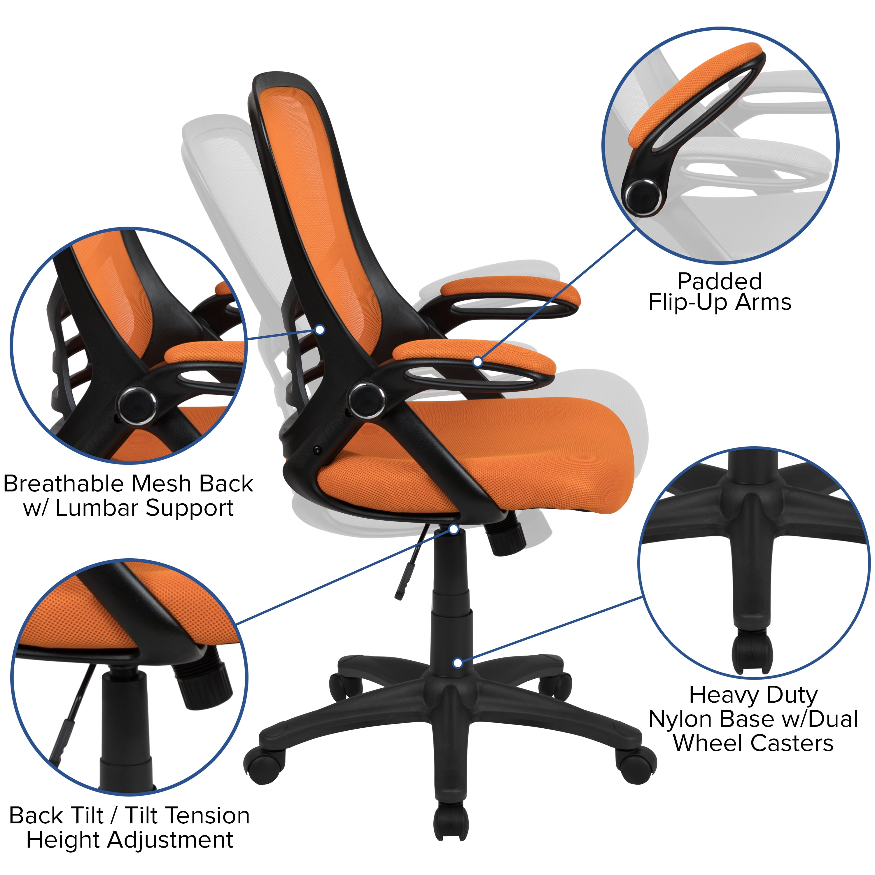 Flash Furniture High Back Orange Mesh Ergonomic Swivel Office Chair with Black Frame and Flip-up Arms