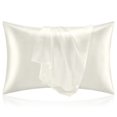 thumbnail image 1 of Funda de almohada de satén para cabello y piel, juego de 2 fundas de almohada tamaño king, funda de almohada de color marfil sedoso súper suave con cierre de sobre (20 x 40 pulgadas), 1 of 5