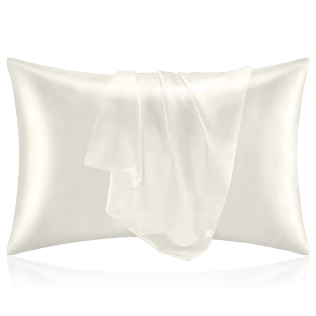 Funda de almohada de satén para cabello y piel, juego de 2 fundas de almohada tamaño king, funda de almohada de color marfil sedoso súper suave con cierre de sobre (20 x 40 pulgadas)