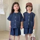 thumbnail image 3 of Conjunto de ropa vaquera de verano para niños de 1 a 8 años, chaleco holgado y pantalones cortos, 2 uds., camisa con cuello Peter Pan, traje para hermanos, 3 of 6
