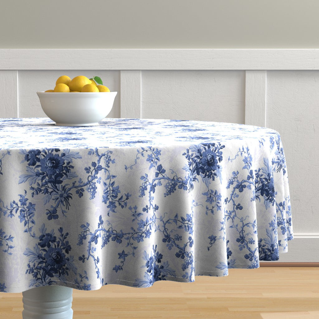 Round Tablecloth Blue Navy Indigo Floral Flowers Boho Nursery Cotton Sateen 