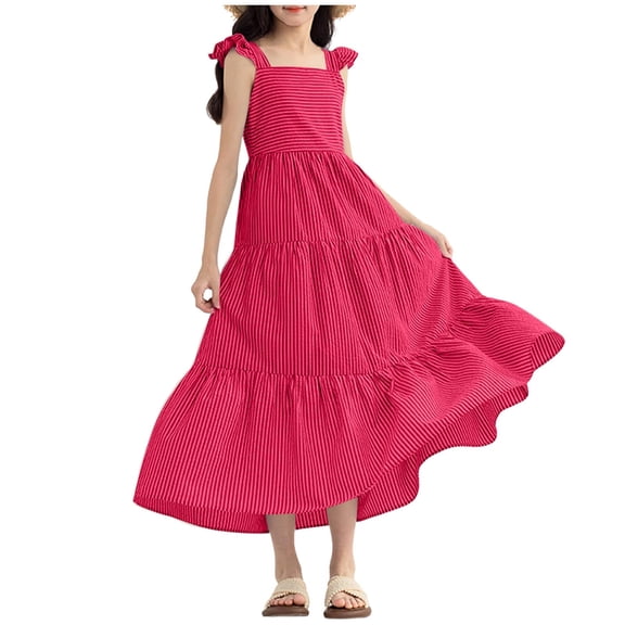 WRKEKC Girls Floral Dress Sleeveless Striped Lace Trim Camisole Tiered Ruffled Maxi Dress Breathable for 7-16 Years