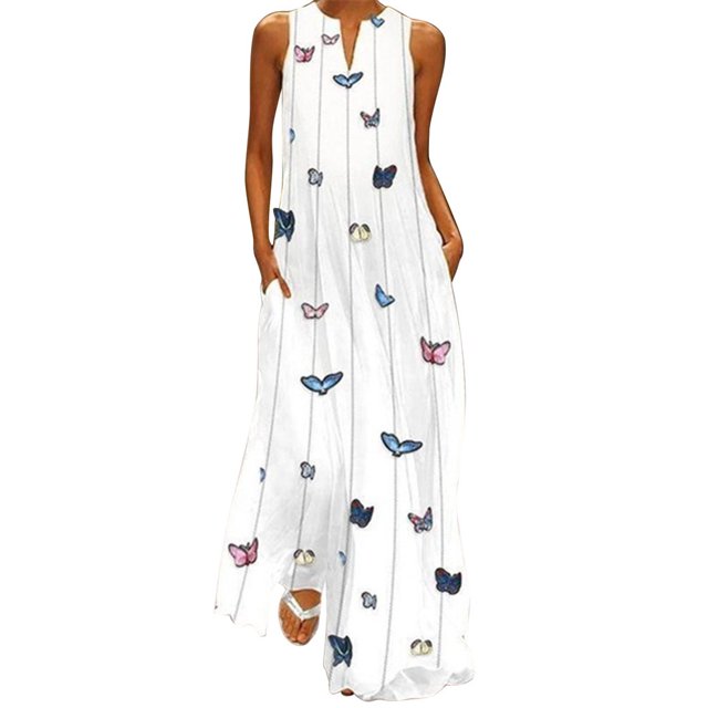 BJYX Robe Femmes Casual en Vrac Sans Manches Papillon Imprimé Longue Robe Vintage V-Cou Poche Été Bohème Robe de Soleil