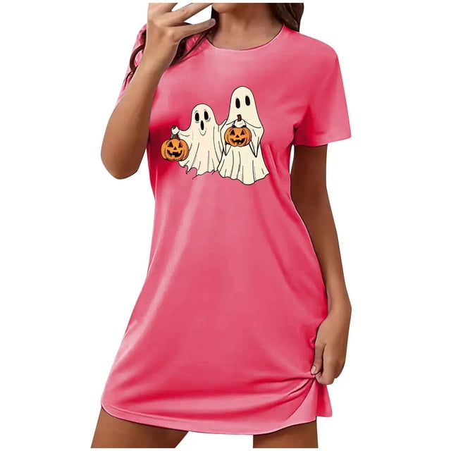 Sakmal Pyjama Douillet pour Femmes Ultra Doux Grande Taille Halloween Rose Robe de Nuit Courte à Manches Courtes Imprimé Fantôme Col Ras du Cou Chemises de Nuit P-2TG