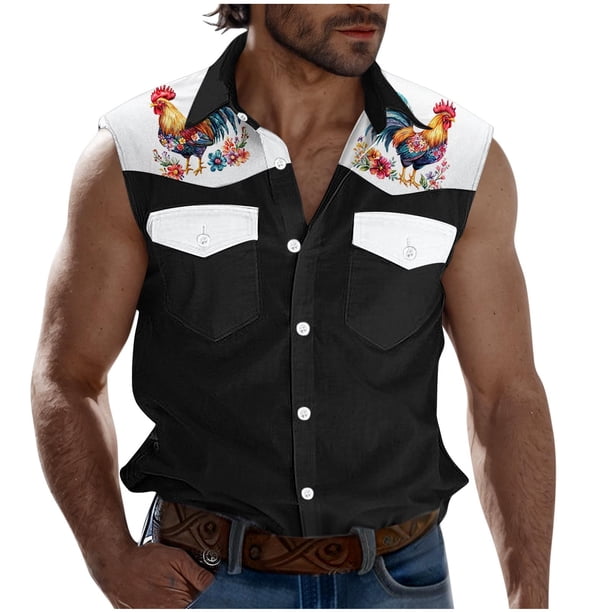 Camisas de Cuello para los Hombres de Moda Casual Imprimir Turndown Cuello sin Mangas Bolsillos Deportivos Tanque, Ligero Top de Verano