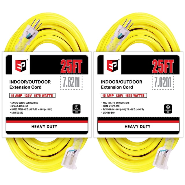 Cable de Extensión EP 2 Paquetes de 7.6 m con Luz para Exteriores 12/3 15A 125V