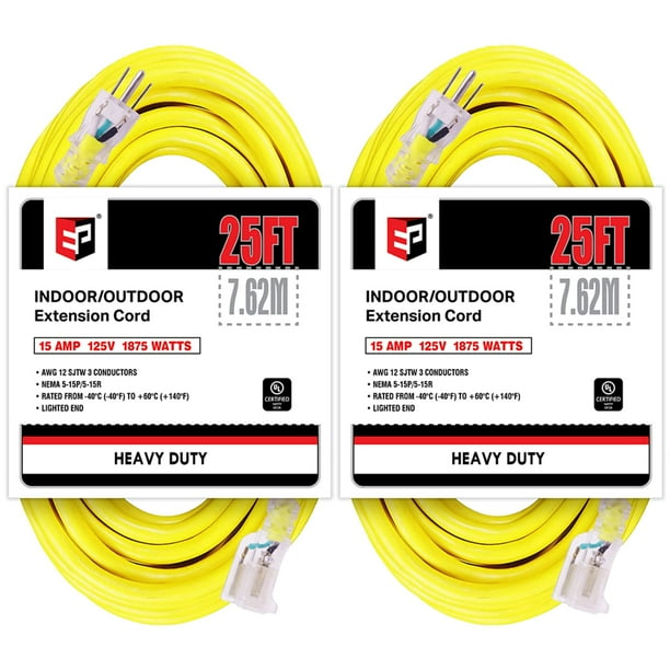 Cable de Extensión EP 2 Paquetes de 7.6 m con Luz para Exteriores 12/3 15A 125V