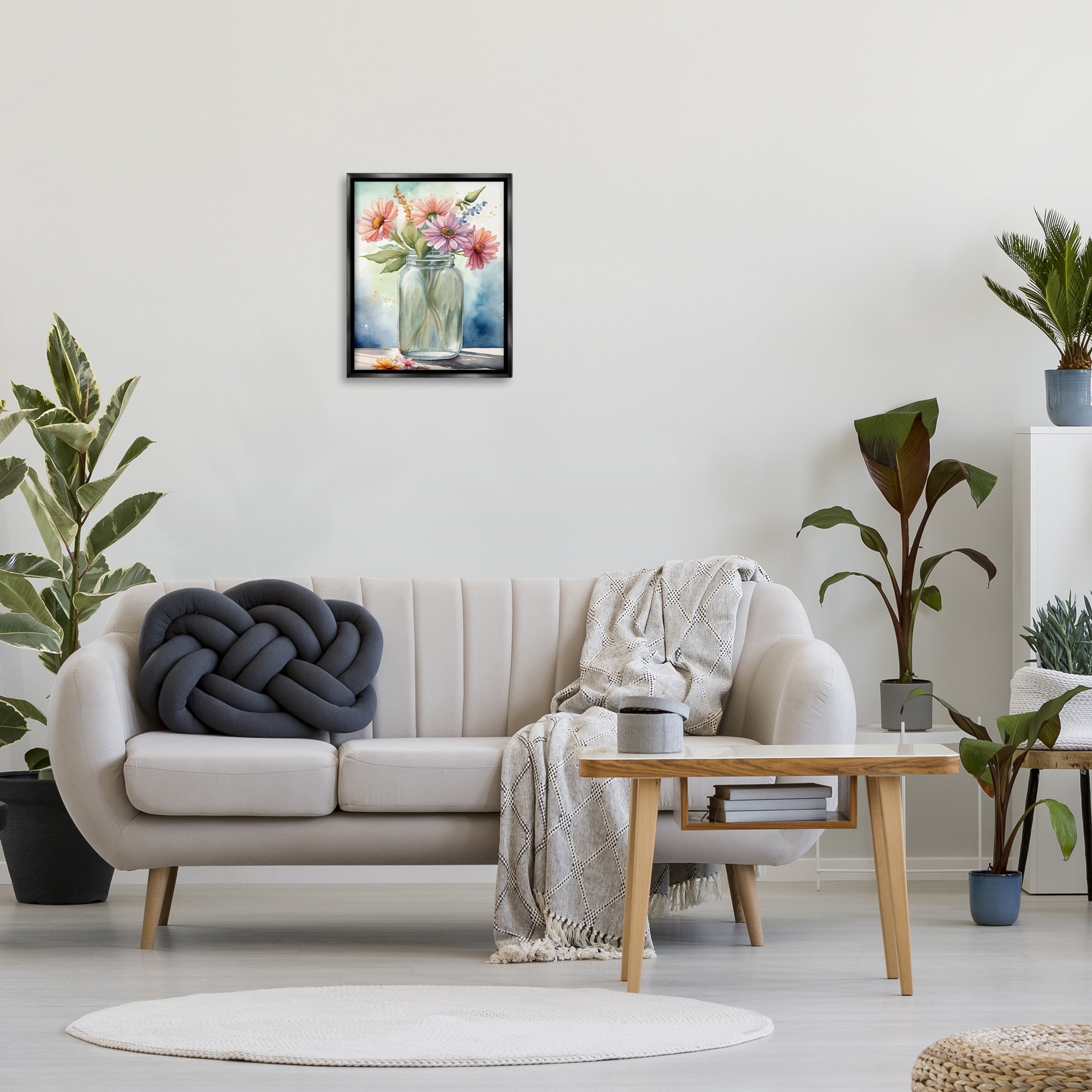 Stupell Industries Gerbera Daisies in Jar Botanical & Floral Painting Black Floater Framed Canvas Art Print Wall Art, 17 x 21