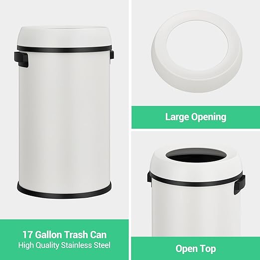 Basics Round Stainless Steel Trash Can with Open Swing lid, Large Kitchen Round Can - 65 Litre/ 17.2 Gallon, Silver, Black,White