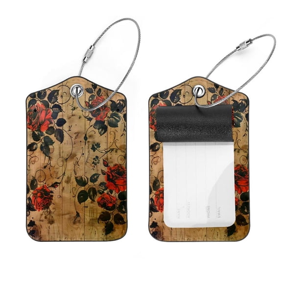 PhooArto 2 Pcs Luggage Tags, Vintage Rose Wooden Privacy Cover ID Label with Stainless Steel Loop and Address Card for Travel Bag Suitcase