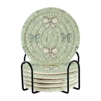 6 Pcs Drink Coasters with Holder 3.94in Woven Coasters for Drinks Green and Mint Bows Coaster Set for Protection Table