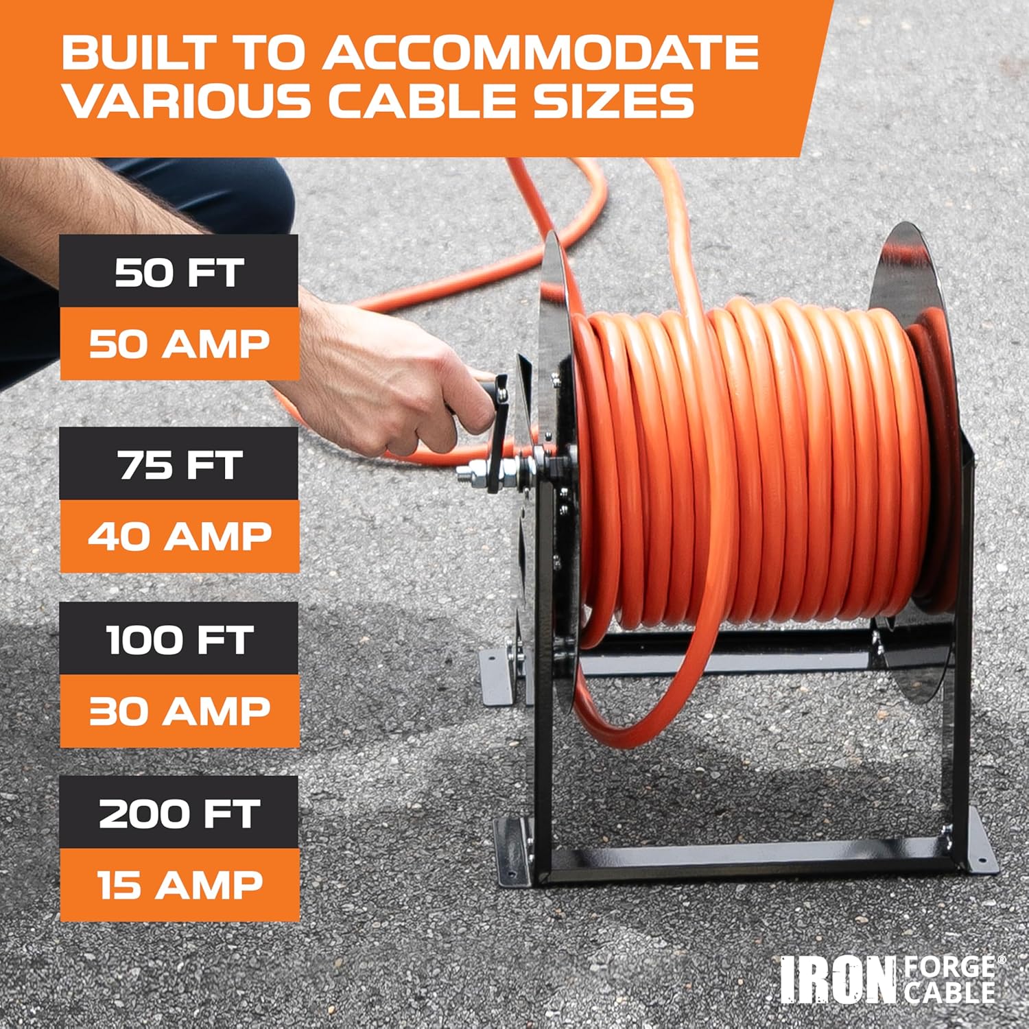 Iron Forge Cable RV Power Cord Reel Metal - Heavy Duty Extension Cord Reel, Holds 50ft 50 Amp RV Wire - Ball Bearing Spin, Powder-Coated Black Steel Frame, Floor or Wall Mountable Base