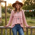 thumbnail image 5 of Linen Blouses for Women Summer Cute Fringe Long Sleeve Modest Tunic Tops Casual Y2k Baggy Crew Neck Plain T Shirts Pink L, 5 of 7
