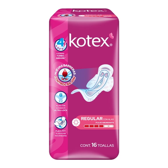 Toallas femeninas Kotex Regular con alas flujo abundante con 16 piezas
