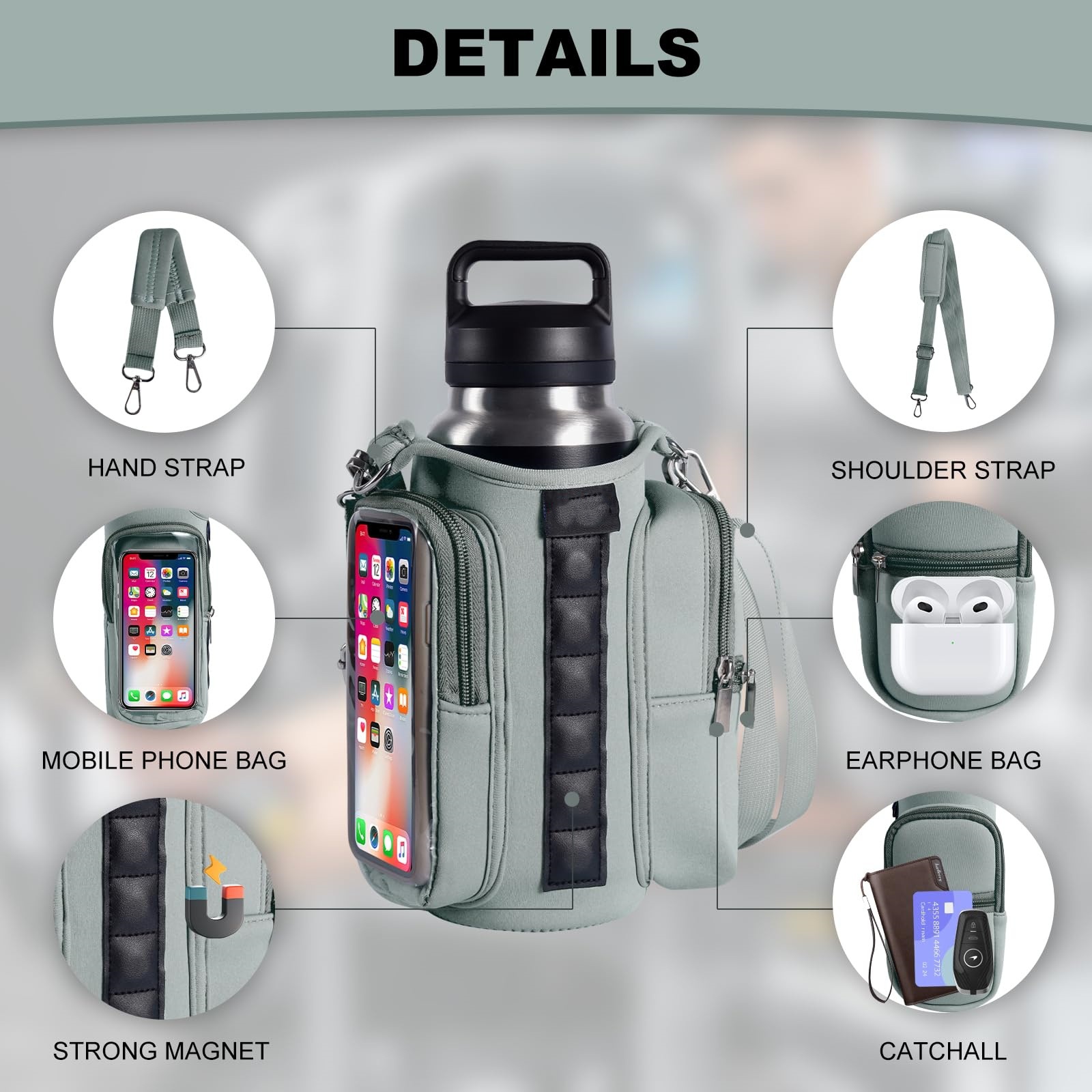 Magnetic Gym Water Bottle Bag with Transparent Window, Fits 21-40 oz