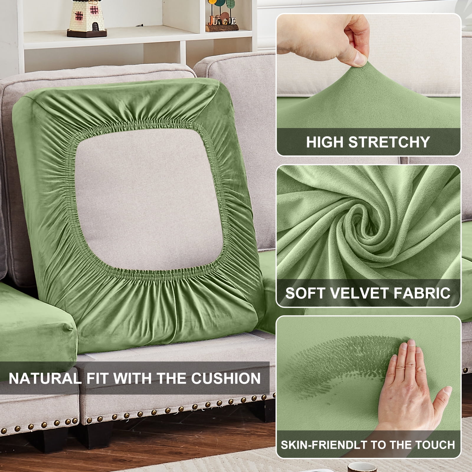 Sanmadrola Couch Covers Velvet Sofa Cushion Cover Stretch Machine Washable Universal Slipcover Furniture Protector for Couches Sectional Sofas, Avocado Green