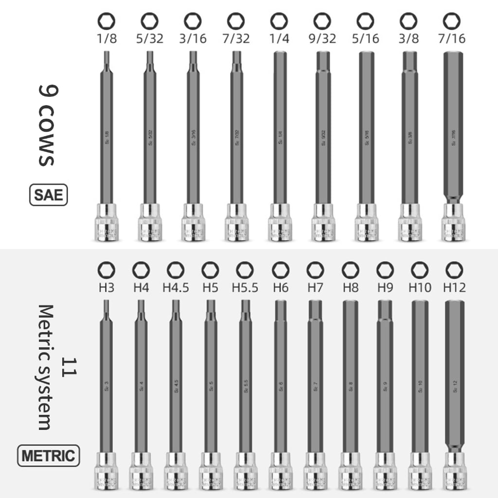 20PC 3/8" Drive Extended Long Allen Hex Bit Sockets Set Metric 3mm 12mm British 1/8" 7/16" Storage Case Included