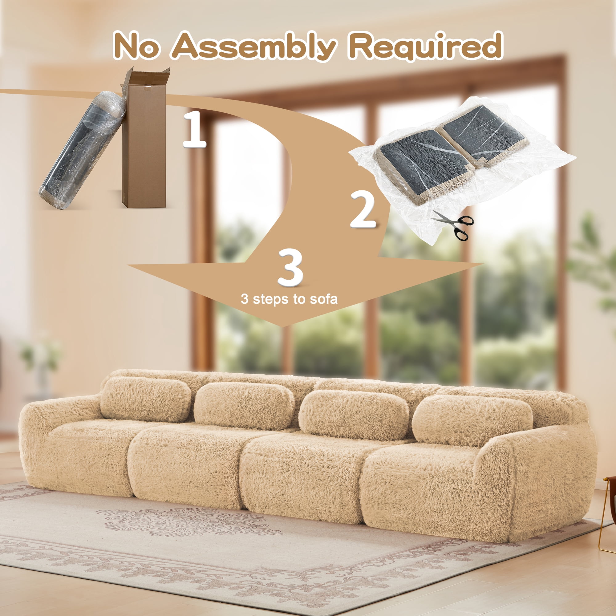 MAYEERTY 149" Plush Boneless Sofa, Khaki 32D Foam Ergonomic Vacuum Compression Buckle Connection Free Combination Couch for Bedroom Study