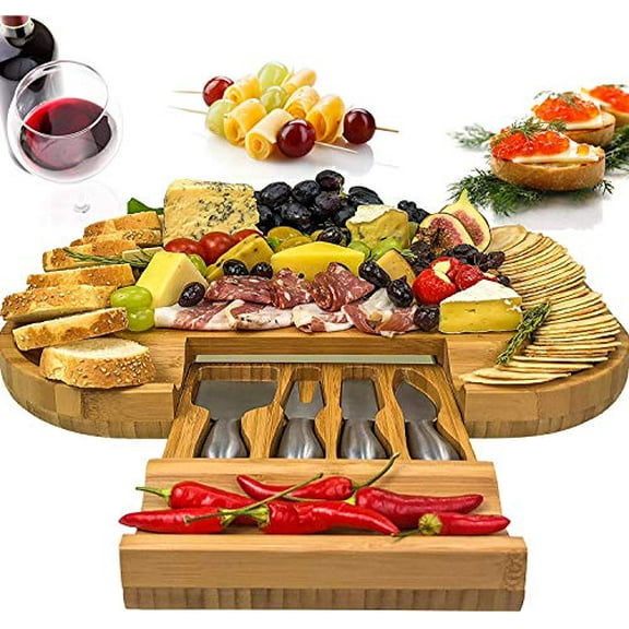 Solander Large Cheese Board and Knife Set - Stylish Charcuterie Board Set, 100% Organic Bamboo Housewarming Gifts New Home, Birthday Gifts for Women, Anniversary gifts, or Wedding Gifts for