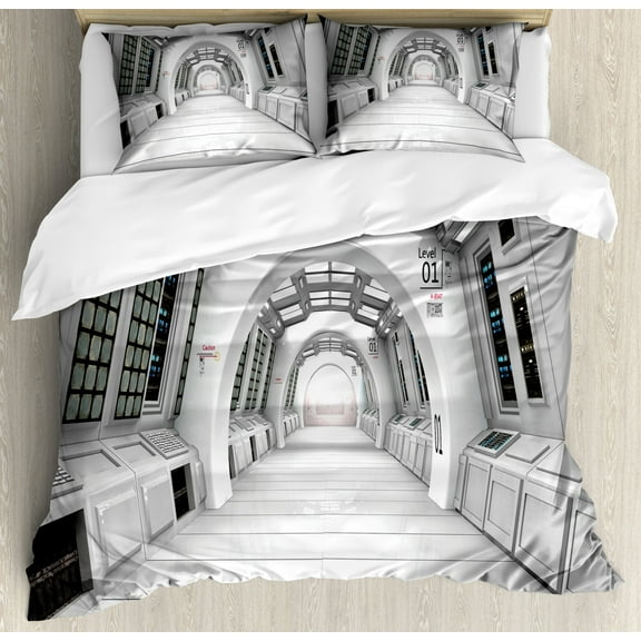Outer Space Duvet Cover Set, Spacelaunch View with Hypertech Energy Stellar Extra Solar Trip Image Print, Decorative 3 Piece Bedding Set with 2 Pillow Shams, Queen Size, White, by Ambesonne