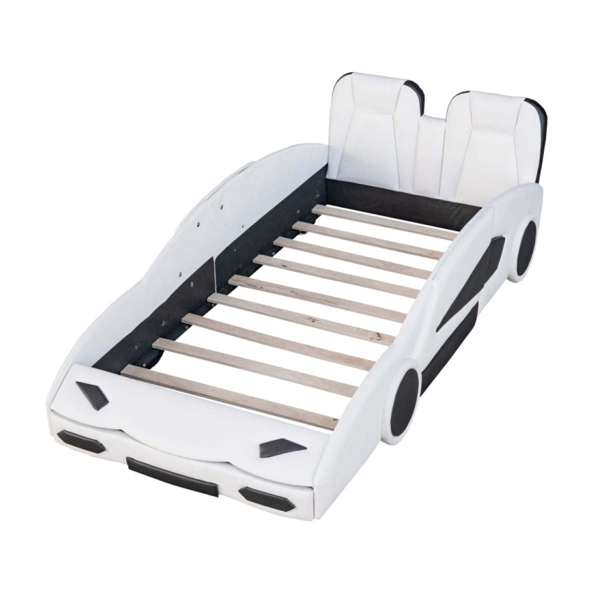 ChenyueFurn Twin Size Race Car-Shaped Platform Bed with Wheels for Kids, Wooden Bed Frame for Bedroom, No Box Spring Needed,White