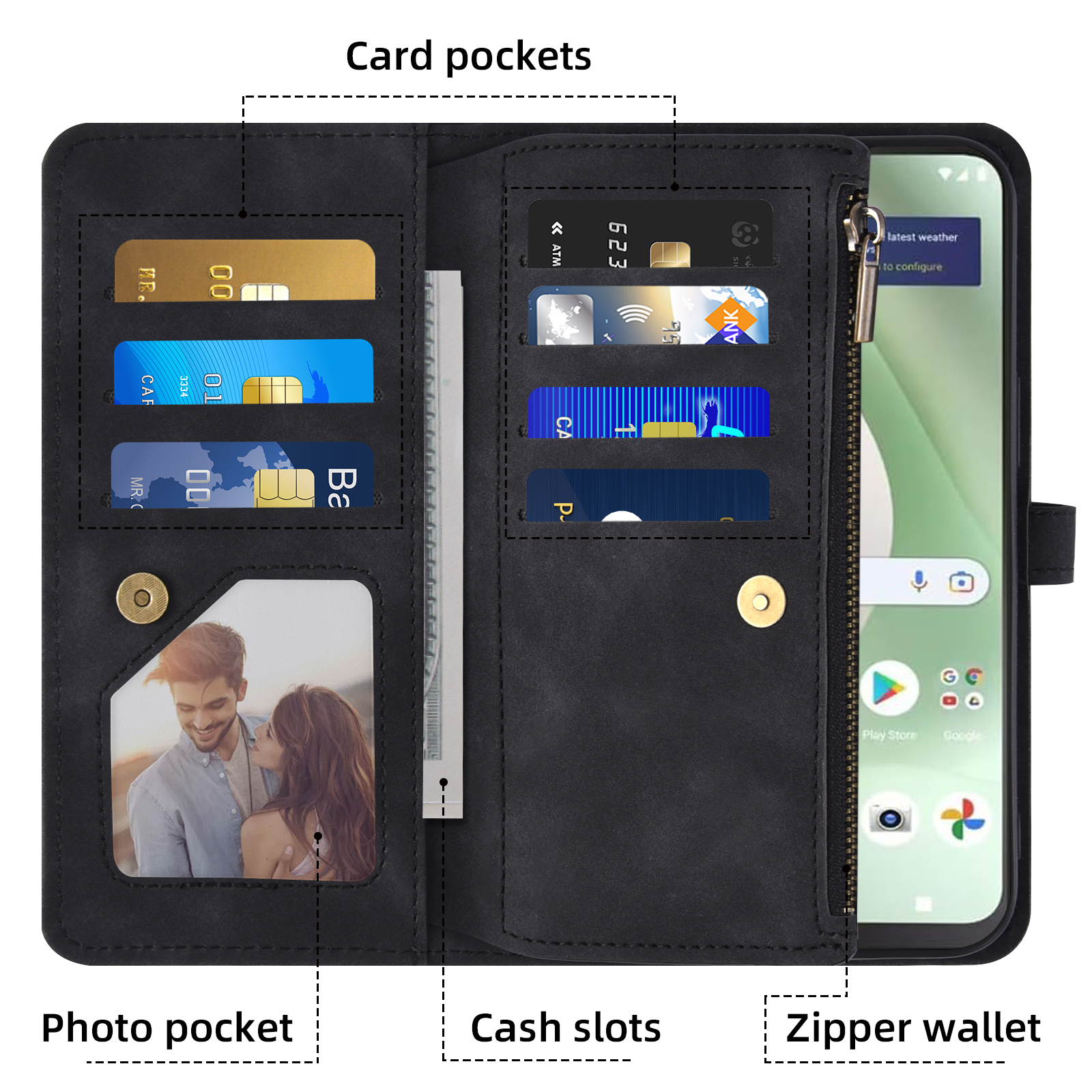 Asuwish Phone Case for Tracfone BLU View 5 B160V Wallet Cover With Tempered Glass Screen Protector Crossbody Wrist Strap Flip Pattern Zipper Card Holder Cell Trac Fone BLUE View5 160V 2024 Men Black