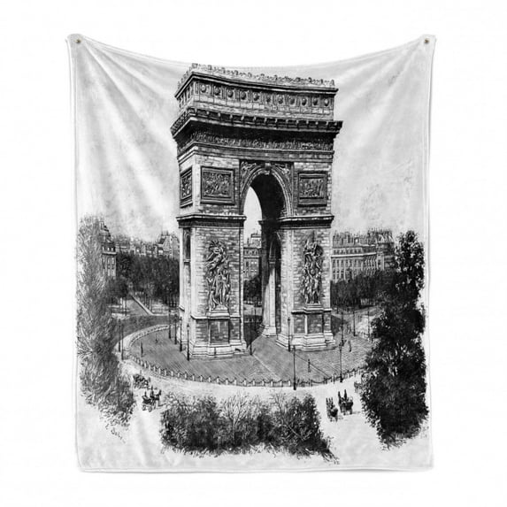 Vintage Soft Flannel Fleece Throw Blanket, Old Photo of Auguste Vitu Monument in Paris French Heritage Retro Picture, Cozy Plush for Indoor and Outdoor Use, 60" x 80", Black and White, by Ambesonne