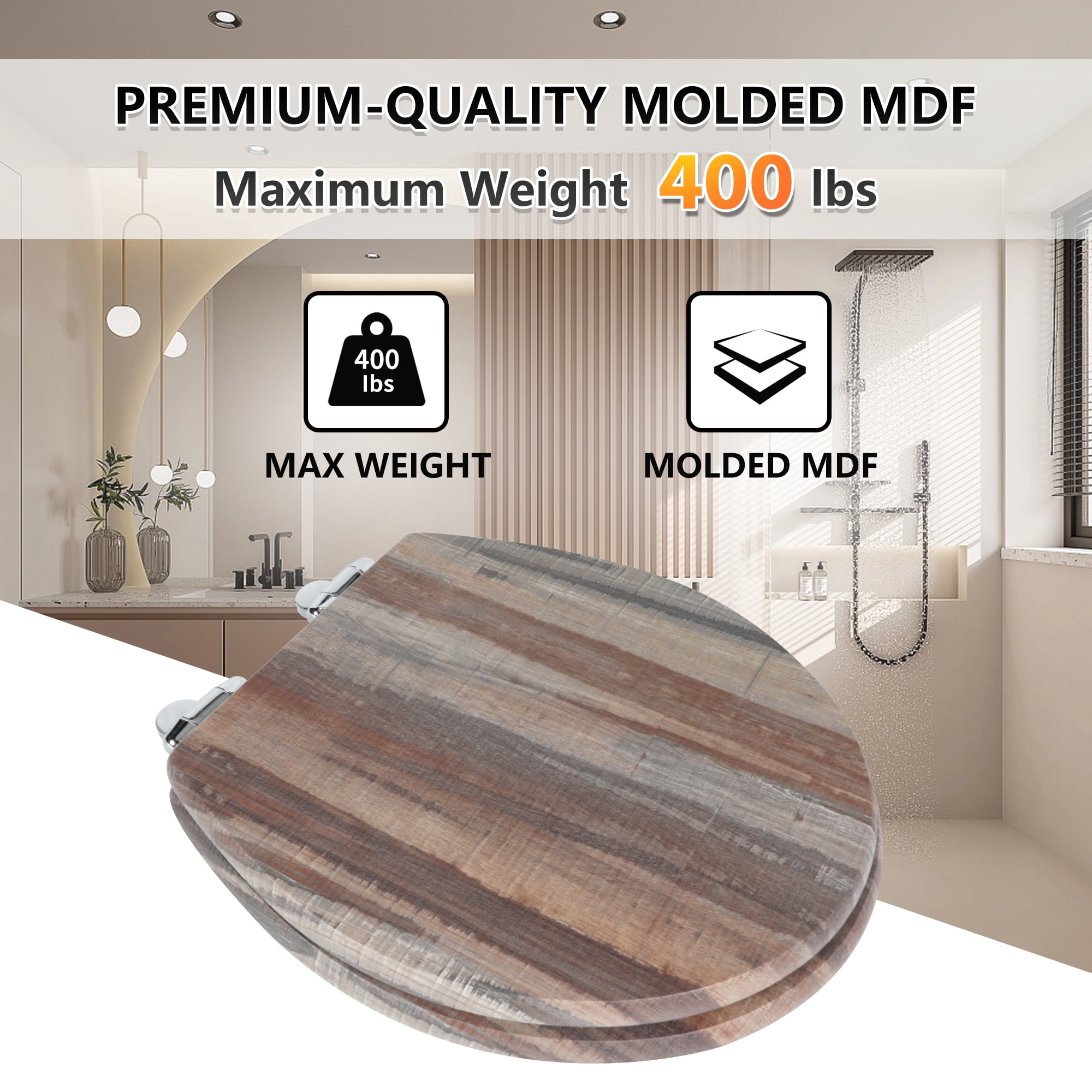 Angol Shiold Wood Round Toilet Seat with Quiet Close, Easy Clean, Quick-Release Metal Hinges ( Round 16.5'', Dark Board )