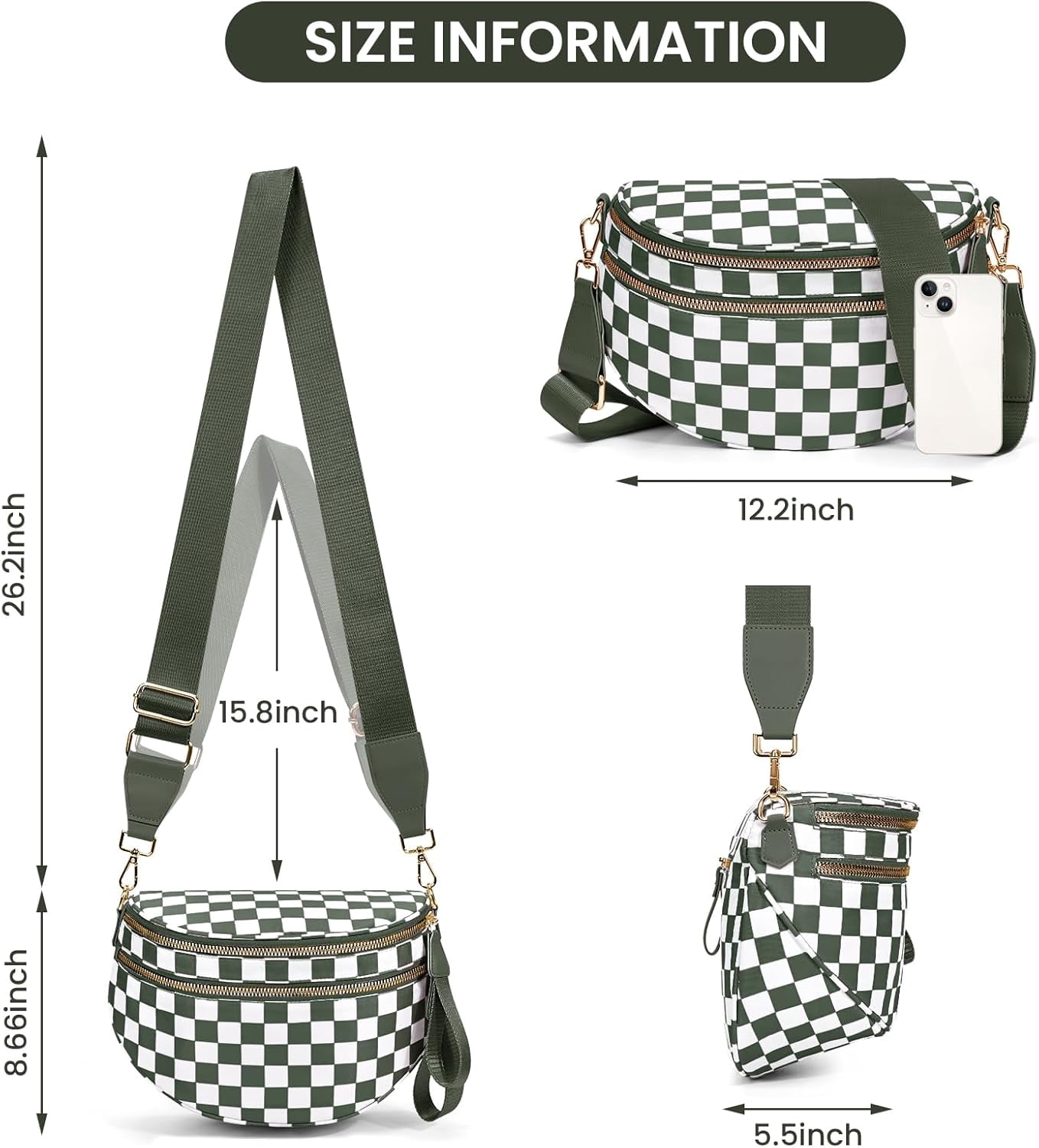Checkered Crossbody Bag,Spacious Bum Bags for Women Nylon Crossbody Fanny Packs Checkered Purse Belt Wallet
