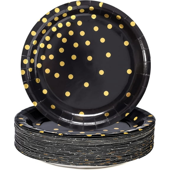 Black and Gold Party Supplies, Black Paper Dessert Plates for Birthday Graduation (50-Count)