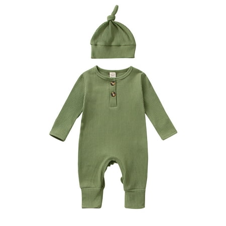 

Infant Baby Boy Girl Sweater Knit Ribbed Long Sleeve Button Romper One-Piece Romper Hat Bundle 2-Piece