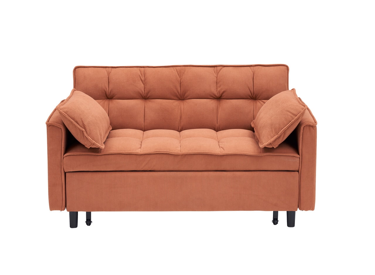 54.3" Corduroy Modular Sectional Sleeper Sofa,Loveseat with Pull Out Bed, Orange – Space-Saving Couch for Living Room, Guest Bed, Apartment