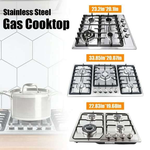 Toolven Gas cooktop with four high-powered sealed burners, easy-to-use controls, stainless steel surface, thermocouple flameout protection, anti-slip cast iron grates for stable cooking