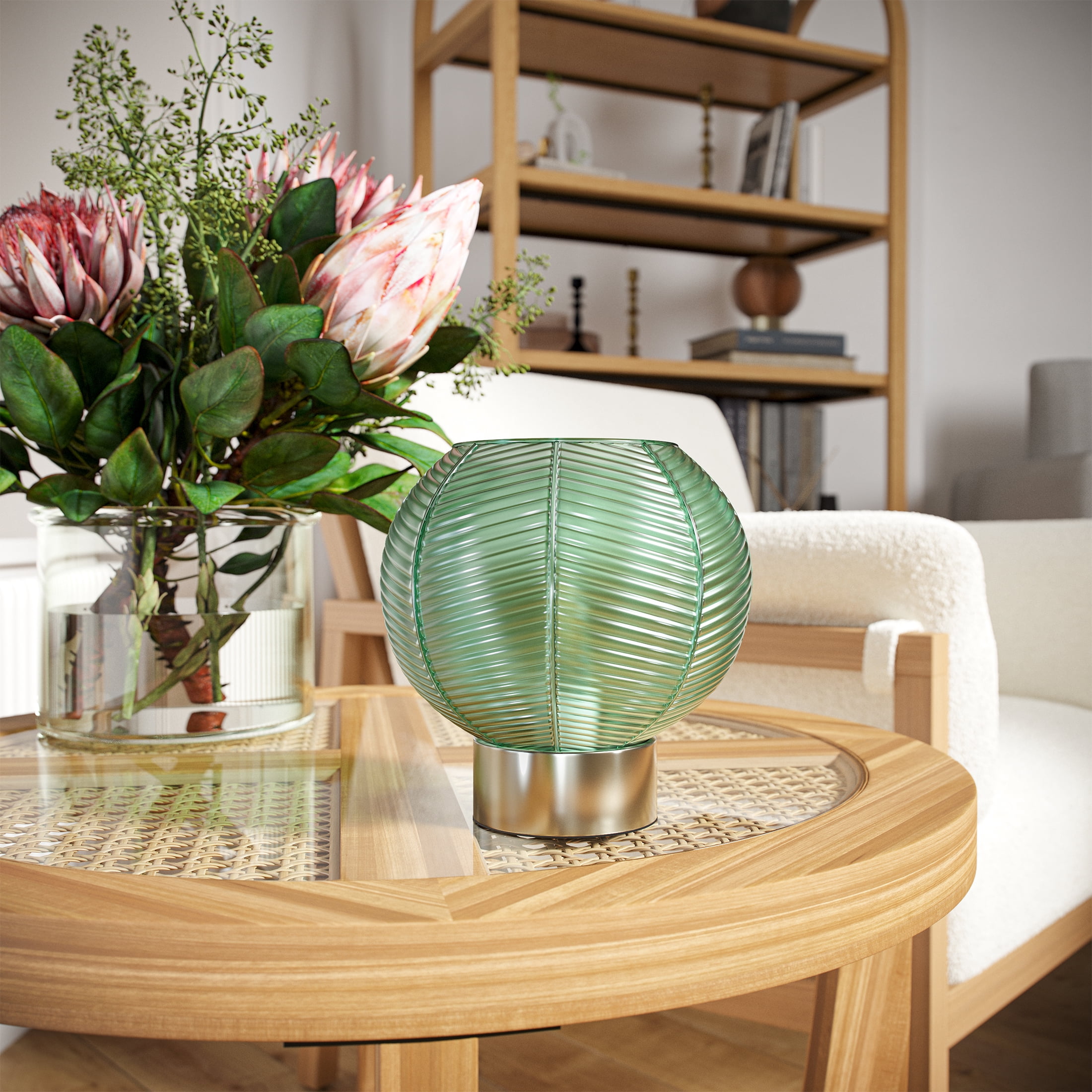 Beautiful by Drew Barrymore 8” Sleek Gold Table Lamp with Ribbed Glass Shade