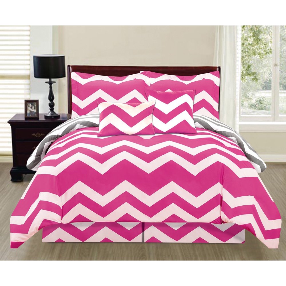 6 Piece Printed Reversible Chevron Comforter Set Extra Long Hot Pink