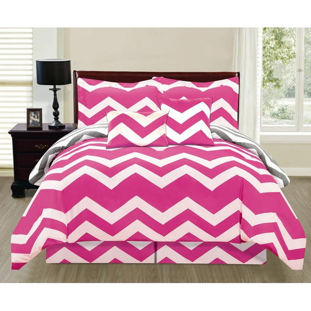 6 Piece Printed Reversible Chevron Comforter Set Extra Long Hot Pink