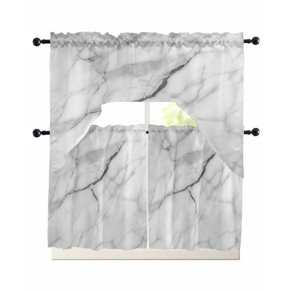 White Marble Kitchen Curtains Sets 24 Inch Length with Valance, Modern Geometric Abstract Minimalist Crack Swag Valances and Tiers Curtain Set Drapes Swag Curtains for Living Room, Bathroom, Bedroom