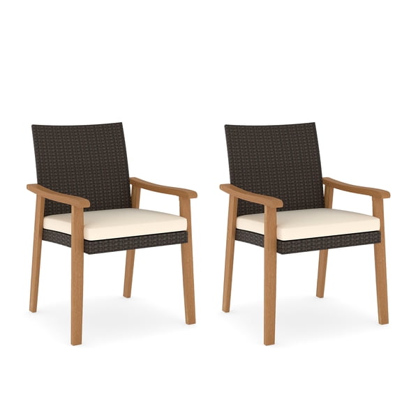 Gymax Patio Dining Chair 2 PCS w/Cushion Wood Armrests Metal Frame for Garden Off White